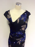 BRAND NEW KAREN MILLEN BLACK & BLUE FLORAL DRESS & MATCHING CLUTCH BAG SIZE 14