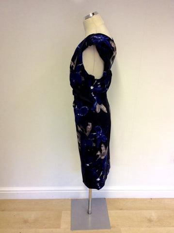 BRAND NEW KAREN MILLEN BLACK & BLUE FLORAL DRESS & MATCHING CLUTCH BAG SIZE 14