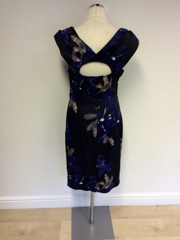 BRAND NEW KAREN MILLEN BLACK & BLUE FLORAL DRESS & MATCHING CLUTCH BAG SIZE 14