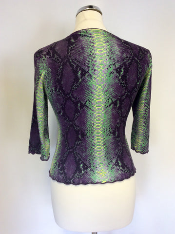 KAREN MILLEN PURPLE,GREEN & YELLOW SNAKESKIN PRINT CARDIGAN SIZE 3 UK 12