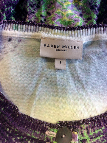 KAREN MILLEN PURPLE,GREEN & YELLOW SNAKESKIN PRINT CARDIGAN SIZE 3 UK 12