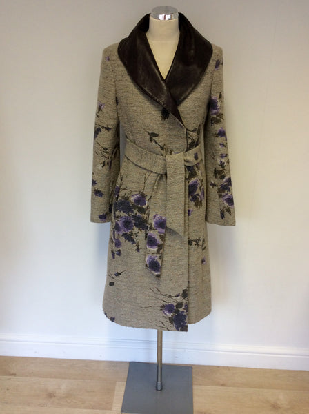 MULBERRY NATURAL WEAVE & PURPLE FLORAL LEATHER COLLAR BELTED COAT SIZE 10