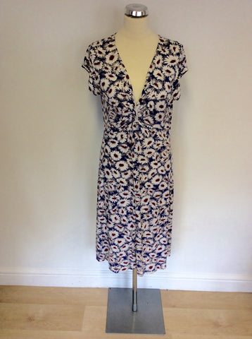 LK BENNETT BLUE,RED & WHITE FLORAL PRINT STRETCH JERSEY DRESS SIZE 12