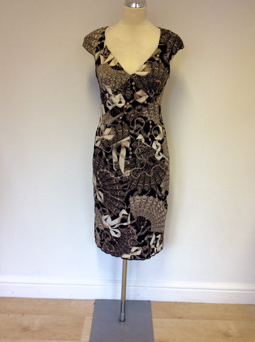 KAREN MILLEN BLUE,BROWN & IVORY PRINT PENCIL DRESS SIZE 12