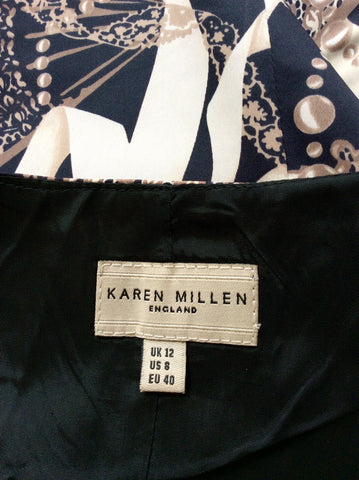 KAREN MILLEN BLUE,BROWN & IVORY PRINT PENCIL DRESS SIZE 12