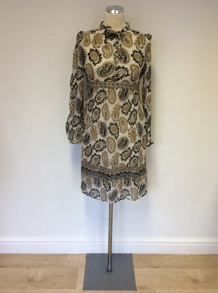 MULBERRY CREAM,BLACK & BROWN PRINT SILK DRESS SIZE 10