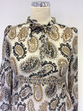 MULBERRY CREAM,BLACK & BROWN PRINT SILK DRESS SIZE 10