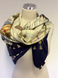 MULBERRY DARK BLUE,GOLD & IVORY HOT AIR BALLOON DESIGN SILK SCARF