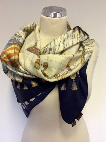 MULBERRY DARK BLUE,GOLD & IVORY HOT AIR BALLOON DESIGN SILK SCARF