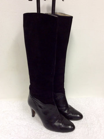 VINTAGE ROSETA BY JUAN TRAID BLACK SUEDE & LEATHER KNEE LENGTH BOOTS SIZE 4/37