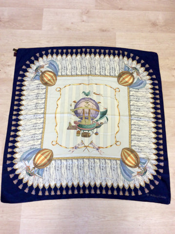 MULBERRY DARK BLUE,GOLD & IVORY HOT AIR BALLOON DESIGN SILK SCARF