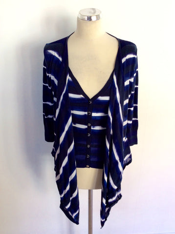 KAREN MILLEN BLUE & WHITE STRIPED CARDIGAN/TOP SIZE 3 UK 14/16