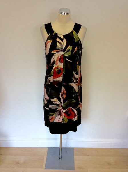 TED BAKER BLACK & MULTI COLOURED FLORAL PRINT SILK DRESS SIZE 3 UK 12