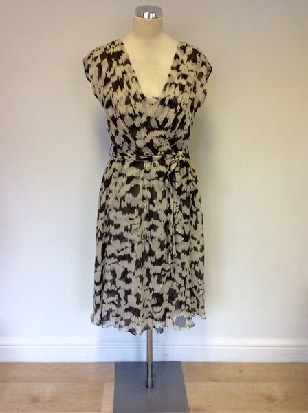 HOBBS IVORY & DARK GREY PRINT SILK WRAP DRESS SIZE 12