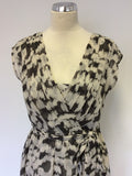 HOBBS IVORY & DARK GREY PRINT SILK WRAP DRESS SIZE 12