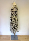 HOBBS IVORY & DARK GREY PRINT SILK WRAP DRESS SIZE 12