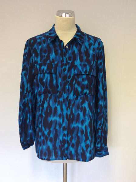 WHISTLES TURQOUISE & DARK BLUE PRINT SILK BLOUSE SIZE 10