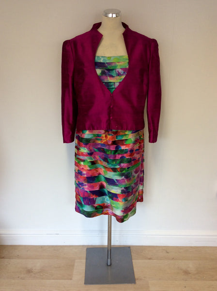 CONDICI HOT PINK SILK JACKET & MULTI COLOURED PRINT DRESS SIZE 20