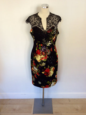 JOSEPH RIBKOFF BLACK LACE TOP FLORAL PRINT DRESS SIZE 14