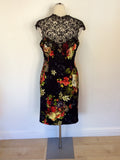 JOSEPH RIBKOFF BLACK LACE TOP FLORAL PRINT DRESS SIZE 14