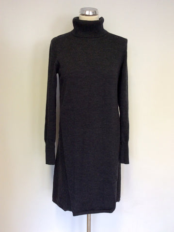 HOBBS DARK GREY POLO NECK LONG SLEEVE MERINO WOOL KNIT DRESS SIZE 12