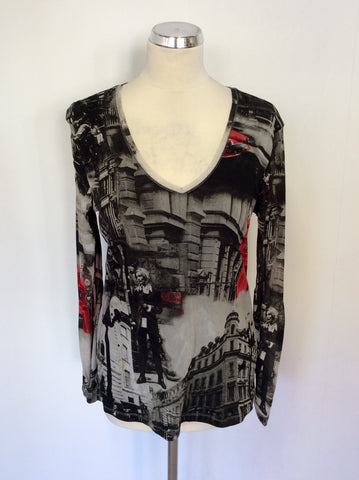 OUI BLACK,GREY & RED 'LONDON CALLING' PRINT LONG SLEEVE TOP SIZE 16