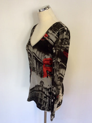 OUI BLACK,GREY & RED 'LONDON CALLING' PRINT LONG SLEEVE TOP SIZE 16