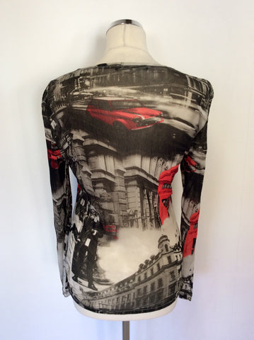 OUI BLACK,GREY & RED 'LONDON CALLING' PRINT LONG SLEEVE TOP SIZE 16