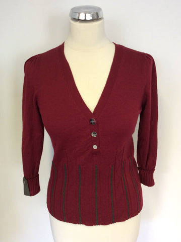 KAREN MILLEN DARK RED & GREY TRIM V NECK JUMPER SIZE 2 UK 10/12