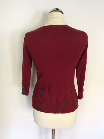 KAREN MILLEN DARK RED & GREY TRIM V NECK JUMPER SIZE 2 UK 10/12