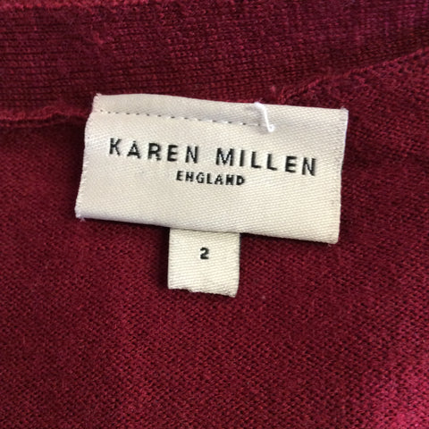 KAREN MILLEN DARK RED & GREY TRIM V NECK JUMPER SIZE 2 UK 10/12