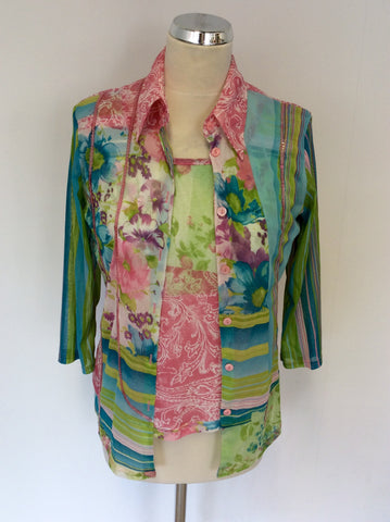 VERSE MULTI COLOURED PRINT SHIRT,TOP & SKIRT SIZE 42 UK 14