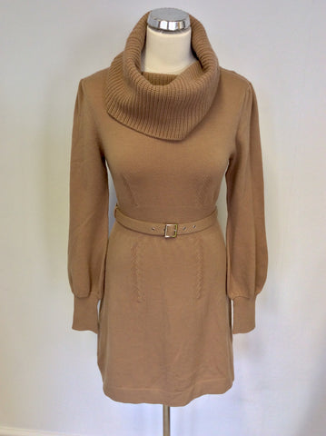 KAREN MILLEN CAMEL WOOL BLEND KNIT DRESS SIZE 3 UK S/M