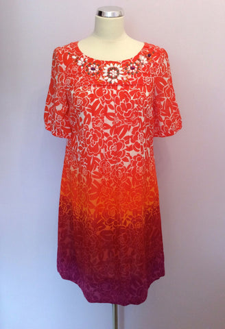 MONSOON ORANGE,WHITE & PINK PRINT BEADED NECK DRESS SIZE 12 - Whispers Dress Agency - Womens Dresses - 1