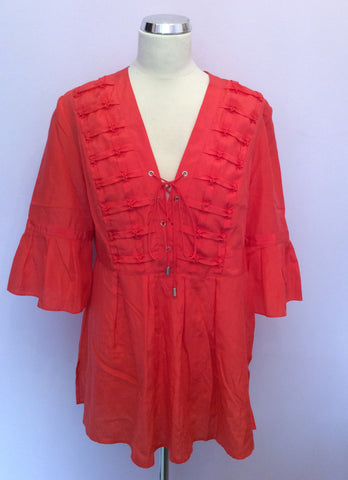 Karen Millen Coral Orange Silk & Cotton Smock Top Size 12 - Whispers Dress Agency - Sold - 1