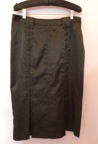 Karen Millen Black Matt Satin Lace Up Detail Skirt Size 14 - Whispers Dress Agency - Sold - 1