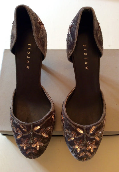 JIGSAW GREY VELVET & SILVER BEAD & SEQUIN DETAIL HEELS SIZE 5/38 - Whispers Dress Agency - Womens Heels - 1