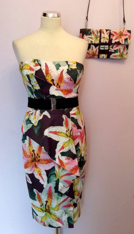 Karen Millen Floral Print Strapless Dress Size 12 & Matching Bag - Whispers Dress Agency - Womens Dresses - 1