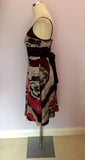 TED BAKER BLACK,RED & SILVER PRINT SILK STRAPPY DRESS SIZE 2 UK 10