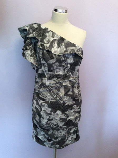 Forever Unique Black & White Marilyn Monroe News Print One Shoulder Dress Size 14 - Whispers Dress Agency - Sold - 1