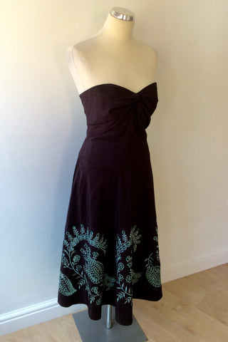 Monsoon Brown & Duck Egg Embroidered Strapless Dress Size 12