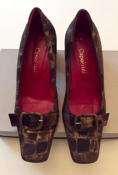 CAPOLLINI BROWN & GOLD PRINT BUCKLE TRIM HEELS SIZE 5.5/38.5 - Whispers Dress Agency - Womens Heels - 1