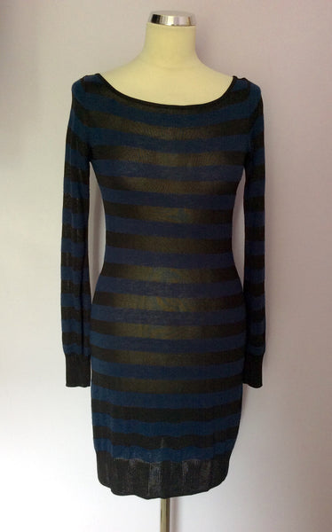 French Connection Black & Blue Stripe Long Sleeve Jumper Dress Size 10 - Whispers Dress Agency - Sold - 1