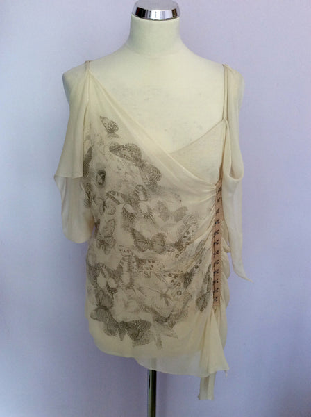 KAREN MILLEN CREAM SILK BUTTERFLY PRINT TOP SIZE 14 - Whispers Dress Agency - Sold - 1