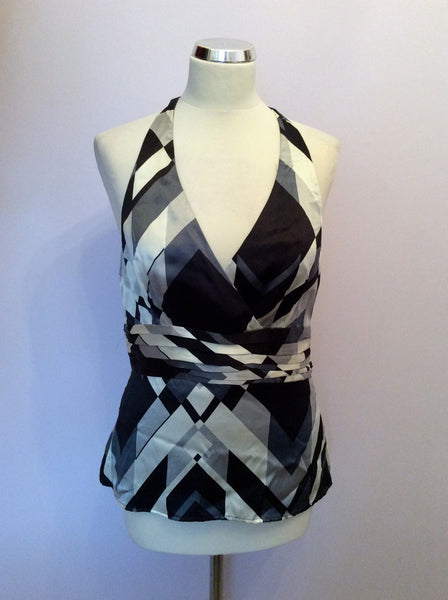 MONSOON IVORY,GREY & BLACK PRINT SILK HALTERNECK TOP SIZE 12 - Whispers Dress Agency - Womens Tops - 1