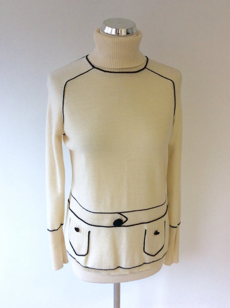 JAEGER CREAM & BLACK TRIM WOOL POLONECK JUMPER SIZE L - Whispers Dress Agency - Sold - 1