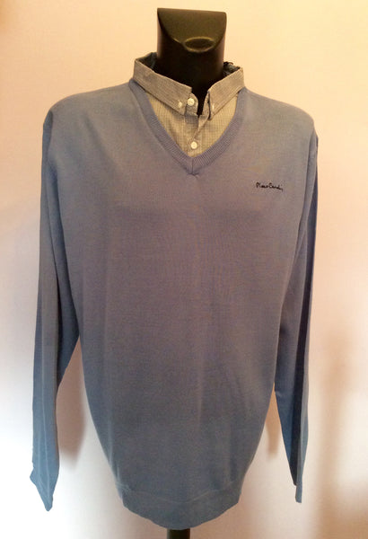 Brand New Pierre Cardin Blue V Neck Jumper With Inner Shirt Collar Size XXXL - Whispers Dress Agency - Mens Knitwear - 1