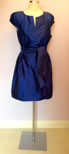 COAST ELECTRIC BLUE SILK CAP SLEEVE TIE WAIST DRESS SIZE 14 - Whispers Dress Agency - Sold - 1