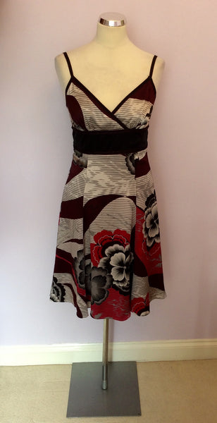 TED BAKER BLACK,RED & SILVER PRINT SILK STRAPPY DRESS SIZE 2 UK 10