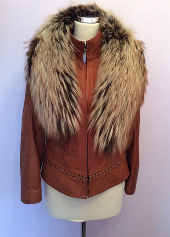 Roberto Cavalli Tan Brown Soft Leather Fur Trim Collar Jacket Size 44 UK 12 - Whispers Dress Agency - Sold - 1